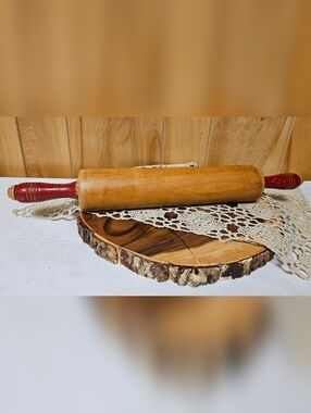Vintage Primitive Wood Rolling Pin Red Ribbed Handles 17"